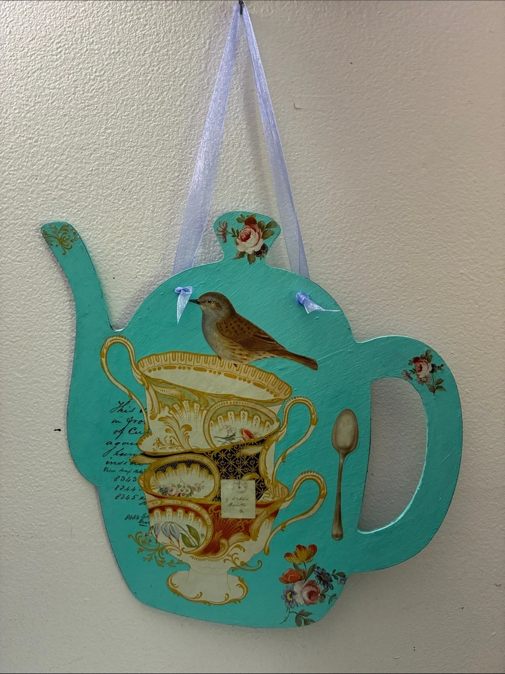Turquoise Teapot Wood Wall Plaque with Vintage Tea Cup Illustration